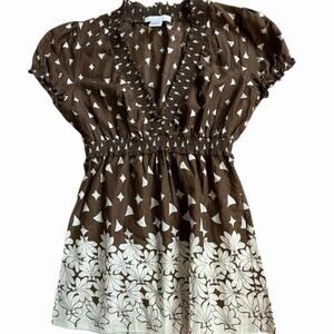 Charlotte Russe Y2K Brown and Cream Babydoll Tunic Top Cap Sleeves Size L EUC